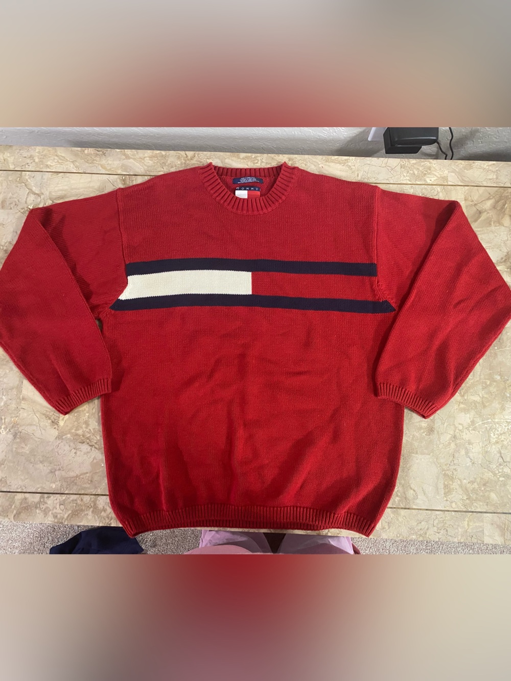 Tommy Hilfiger Red Crewneck Sweater with Navy and Cream Stripe